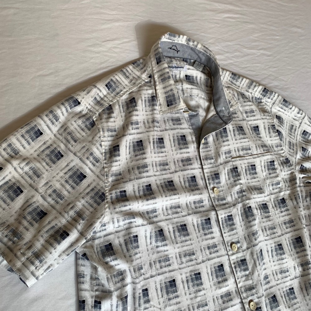 Tommy Bahama Large Silk Coolmax Short Sleeve Button Down‎ Shirt Grey Blue Grid